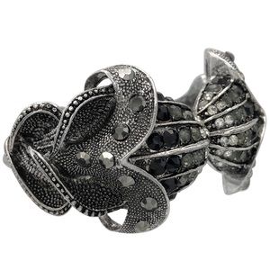 Exotic Flower Tulip Rhinestone Silver Black Statement Hinged Bangle Bracelet